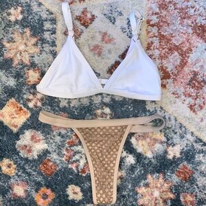 UMOJA Mesh Thong High Cut Bikini Bottoms with White Triangle Top Small